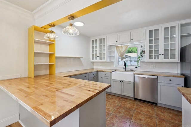 1220 Palomar Ter, Escondido, CA 92027 - kitchen featuring stainless steel dishwasher, open shelves, wooden counters, a peninsula, and ornamental molding