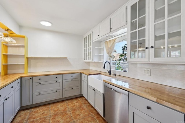 1220 Palomar Ter, Escondido, CA 92027 - kitchen featuring open shelves, stainless steel dishwasher, butcher block countertops, and gray cabinetry