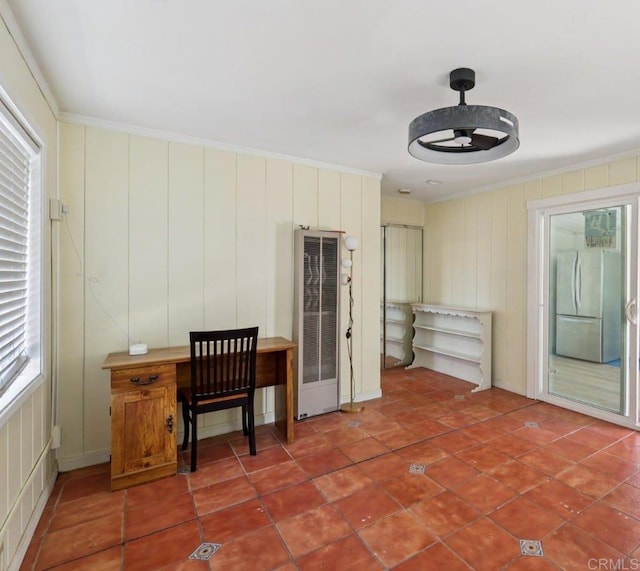 1220 Palomar Ter, Escondido, CA 92027 - office space with a heating unit, ornamental molding, tile patterned floors, and a decorative wall