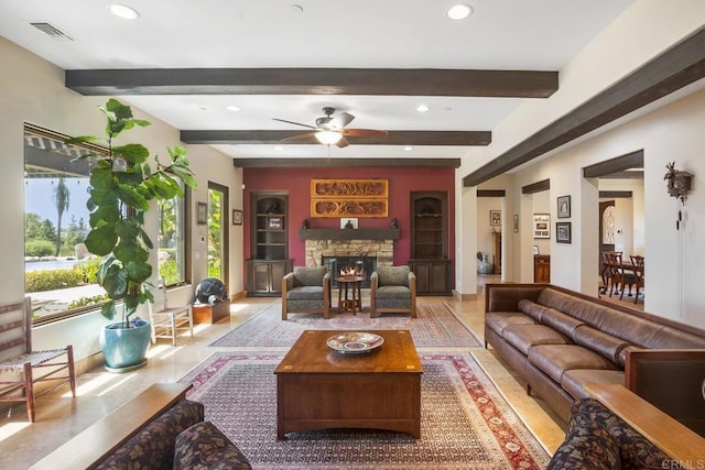 14786 Cool Valley Ranch Rd, Valley Center, CA 92082 - living area with recessed lighting, ceiling fan, a stone fireplace, and beamed ceiling