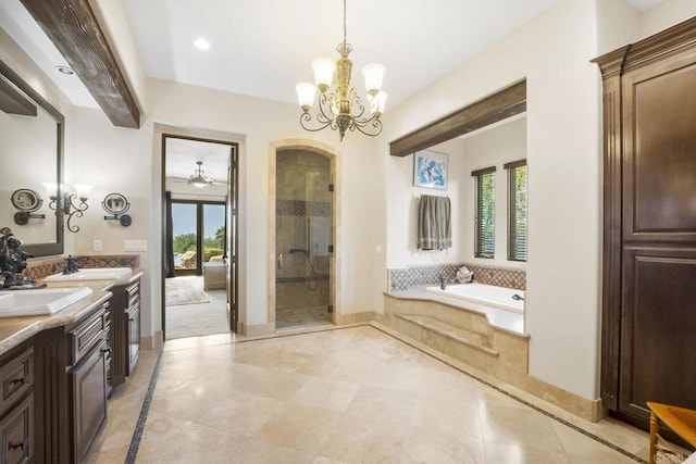 14786 Cool Valley Ranch Rd, Valley Center, CA 92082 - bathroom featuring healthy amount of natural light, a bath, double vanity, a chandelier, and recessed lighting