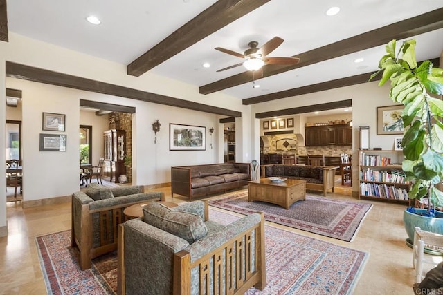 14786 Cool Valley Ranch Rd, Valley Center, CA 92082 - living room featuring ceiling fan, recessed lighting, and beamed ceiling