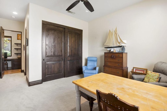 14786 Cool Valley Ranch Rd, Valley Center, CA 92082 - office area with light carpet, ceiling fan, and recessed lighting
