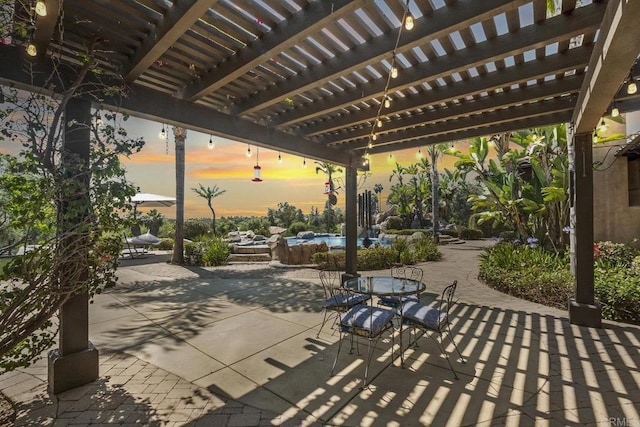 14786 Cool Valley Ranch Rd, Valley Center, CA 92082 - patio terrace at dusk featuring an outdoor pool, a pergola, outdoor dining space, and a patio