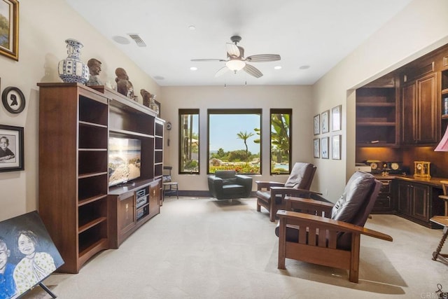 14786 Cool Valley Ranch Rd, Valley Center, CA 92082 - living area featuring a ceiling fan, light carpet, a desk, and recessed lighting