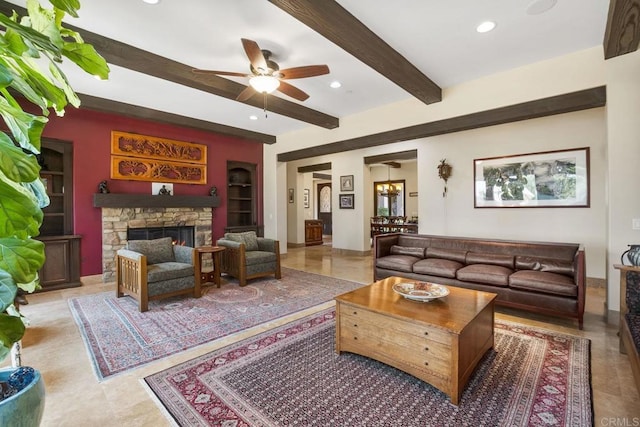 14786 Cool Valley Ranch Rd, Valley Center, CA 92082 - living room featuring a ceiling fan, built in shelves, beamed ceiling, recessed lighting, and a fireplace