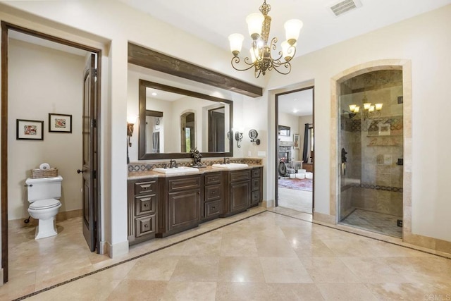 14786 Cool Valley Ranch Rd, Valley Center, CA 92082 - bathroom with a chandelier, double vanity, a stall shower, and tile patterned flooring