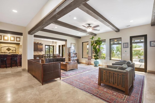 14786 Cool Valley Ranch Rd, Valley Center, CA 92082 - living area featuring beam ceiling, plenty of natural light, recessed lighting, a ceiling fan, and a chandelier
