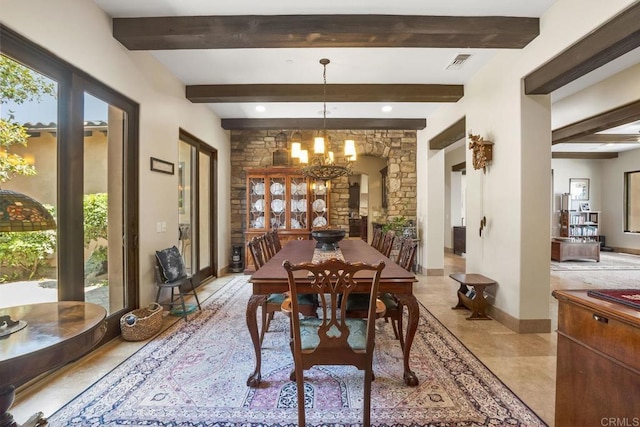 14786 Cool Valley Ranch Rd, Valley Center, CA 92082 - dining area featuring a chandelier and beamed ceiling