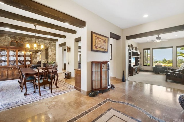 14786 Cool Valley Ranch Rd, Valley Center, CA 92082 - dining room featuring a chandelier, beam ceiling, recessed lighting, ceiling fan, and inlaid floor details