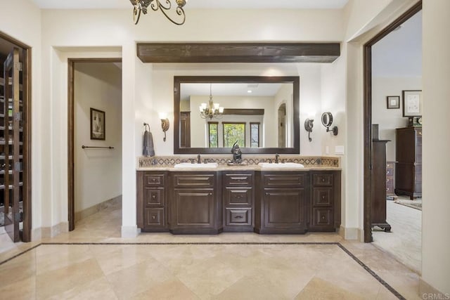 14786 Cool Valley Ranch Rd, Valley Center, CA 92082 - bathroom featuring a chandelier, double vanity, and inlaid floor details