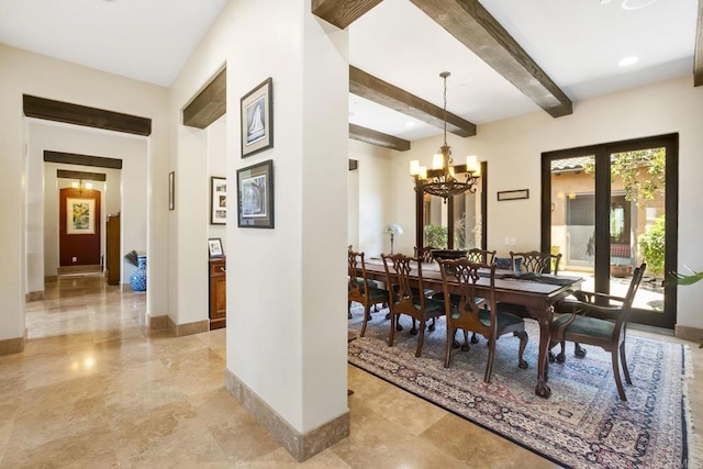 14786 Cool Valley Ranch Rd, Valley Center, CA 92082 - dining space with a chandelier and beamed ceiling