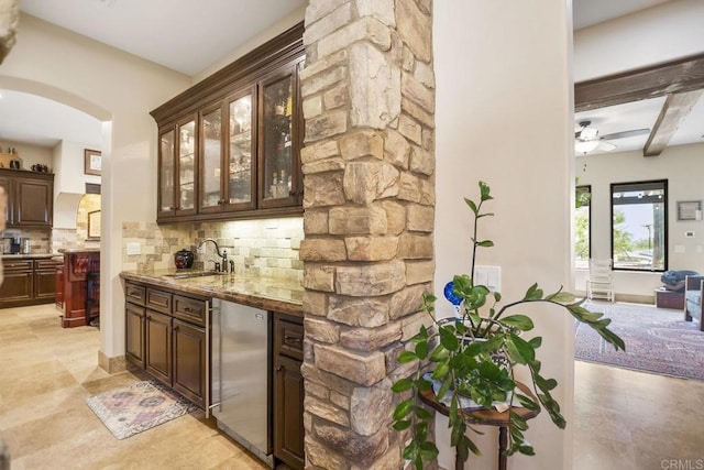 14786 Cool Valley Ranch Rd, Valley Center, CA 92082 - indoor wet bar with arched walkways, fridge, backsplash, a ceiling fan, and beam ceiling