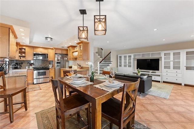 887 San Juan Cir, Duarte, CA 91010 - dining space with light tile patterned floors, stairs, and recessed lighting