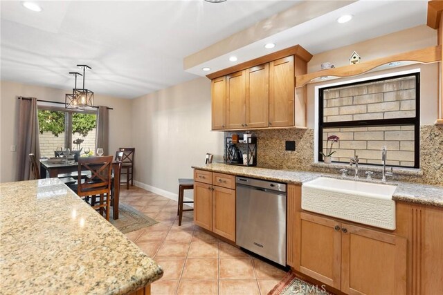 887 San Juan Cir, Duarte, CA 91010 - kitchen with dishwasher, backsplash, recessed lighting, light stone counters, and decorative light fixtures