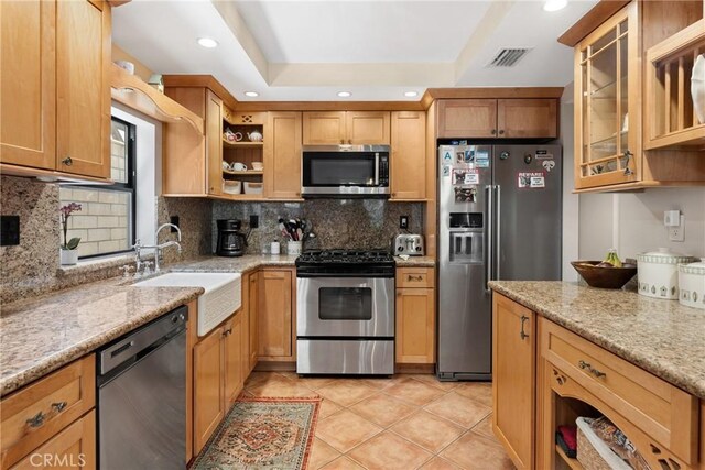 887 San Juan Cir, Duarte, CA 91010 - kitchen with appliances with stainless steel finishes, open shelves, a raised ceiling, recessed lighting, and light tile patterned floors