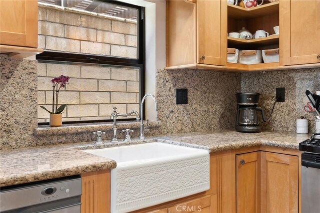 887 San Juan Cir, Duarte, CA 91010 - kitchen with backsplash, light stone countertops, and open shelves