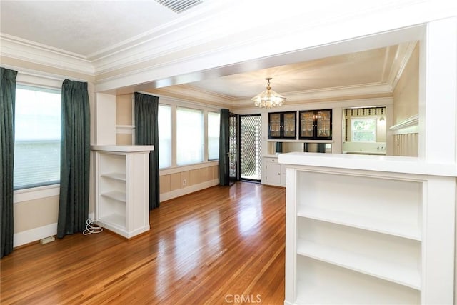 845 N Curtis Ave, Alhambra, CA 91801 - kitchen with a chandelier, open shelves, ornamental molding, wood finished floors, and healthy amount of natural light