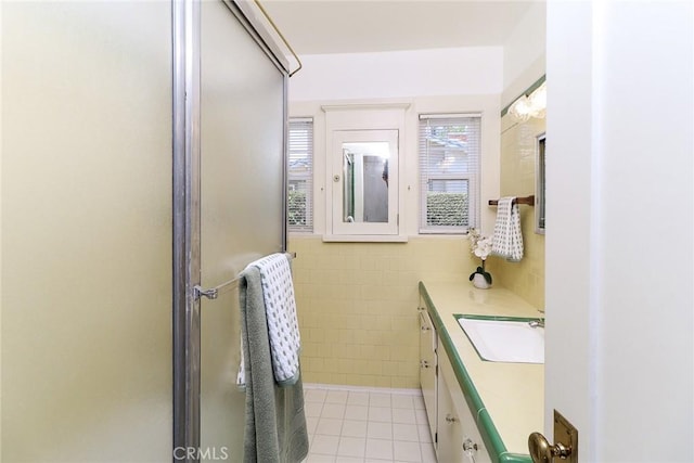 845 N Curtis Ave, Alhambra, CA 91801 - bathroom with vanity, a stall shower, tile patterned flooring, and tile walls
