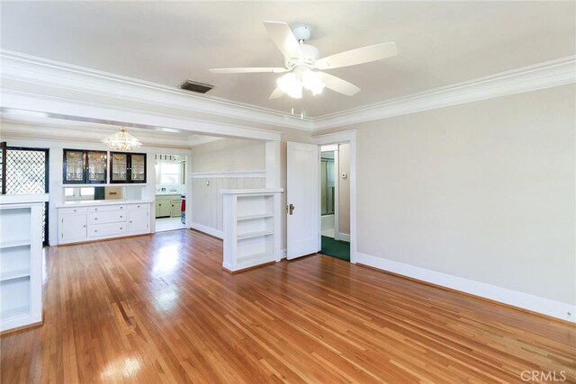 845 N Curtis Ave, Alhambra, CA 91801 - unfurnished living room with crown molding, ceiling fan, light wood-style floors, and a chandelier