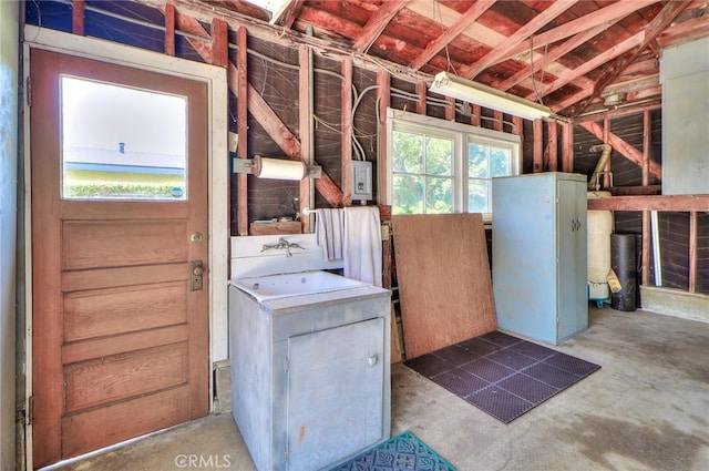 845 N Curtis Ave, Alhambra, CA 91801 - miscellaneous room featuring unfinished concrete flooring and lofted ceiling
