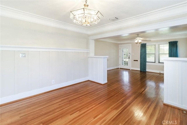 845 N Curtis Ave, Alhambra, CA 91801 - unfurnished room with a chandelier, wood finished floors, wainscoting, crown molding, and a ceiling fan