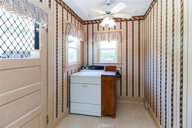 845 N Curtis Ave, Alhambra, CA 91801 - laundry room with washer / clothes dryer, a ceiling fan, and wallpapered walls