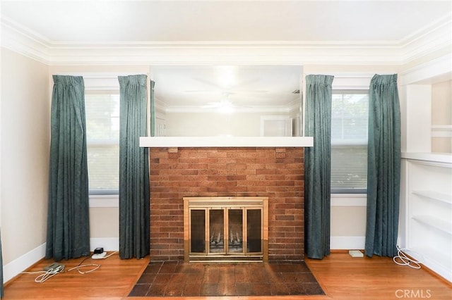 845 N Curtis Ave, Alhambra, CA 91801 - unfurnished living room featuring a fireplace, wood finished floors, ornamental molding, and a ceiling fan