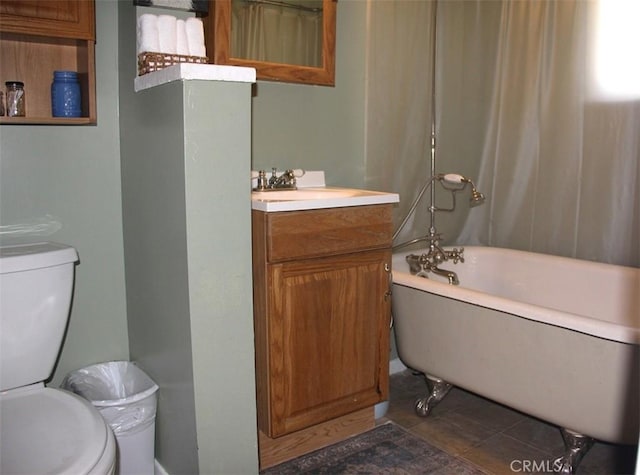 31705 Silver Spruce Dr, Running Springs, CA 92382 - full bathroom with vanity and tile patterned flooring