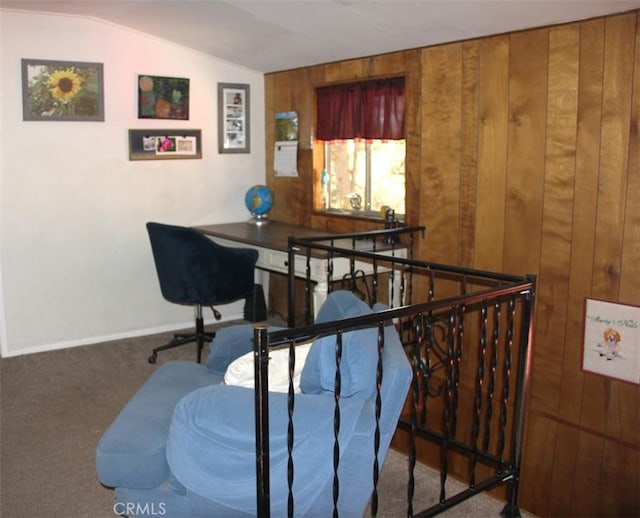 31705 Silver Spruce Dr, Running Springs, CA 92382 - carpeted office with wooden walls and vaulted ceiling
