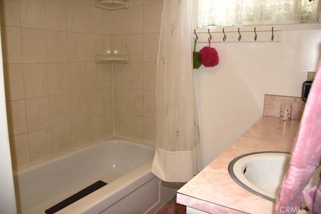 31705 Silver Spruce Dr, Running Springs, CA 92382 - bathroom with vanity and shower / bath combination with curtain