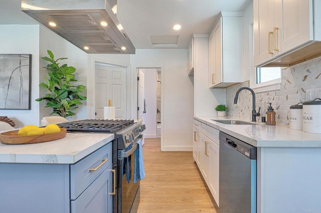 4711 Landis St, San Diego, CA 92105 - kitchen with appliances with stainless steel finishes, ventilation hood, white cabinets, tasteful backsplash, and light wood-style flooring
