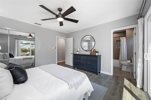 4513 E Cervato St, Long Beach, CA 90815 - bedroom featuring dark wood finished floors, ceiling fan, and connected bathroom