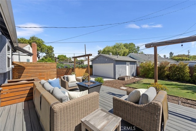 4513 E Cervato St, Long Beach, CA 90815 - deck featuring an outdoor living space with a fire pit, a fenced backyard, an outdoor structure, and a garage