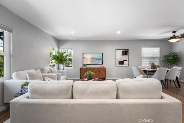 4513 E Cervato St, Long Beach, CA 90815 - living area featuring wood finished floors, ceiling fan, and recessed lighting