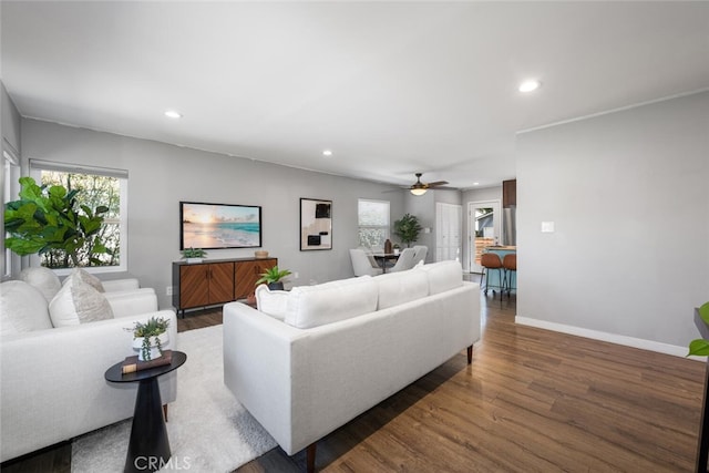 4513 E Cervato St, Long Beach, CA 90815 - living area with wood finished floors, recessed lighting, plenty of natural light, and a ceiling fan