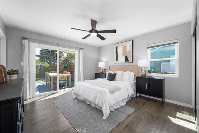 4513 E Cervato St, Long Beach, CA 90815 - bedroom with access to exterior, multiple windows, dark wood-style flooring, and a ceiling fan
