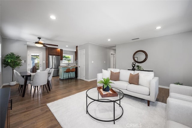 4513 E Cervato St, Long Beach, CA 90815 - living room featuring recessed lighting, wood finished floors, and a ceiling fan