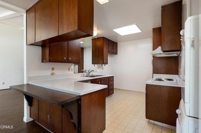 777 E Valley Blvd Unit 142, Alhambra, CA 91801 - kitchen featuring extractor fan, a peninsula, white appliances, a kitchen breakfast bar, and light countertops
