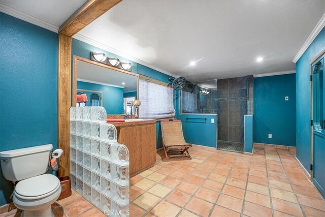 60810 Sunrise Rd, Whitewater, CA 92282 - bathroom featuring crown molding, walk in shower, vanity, recessed lighting, and stone finish floors