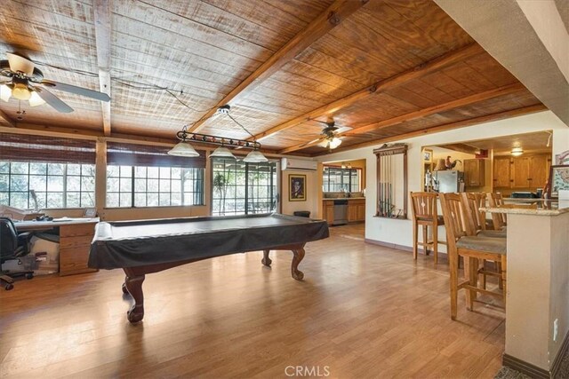60810 Sunrise Rd, Whitewater, CA 92282 - rec room featuring ceiling fan, wooden ceiling, light wood-style flooring, and billiards