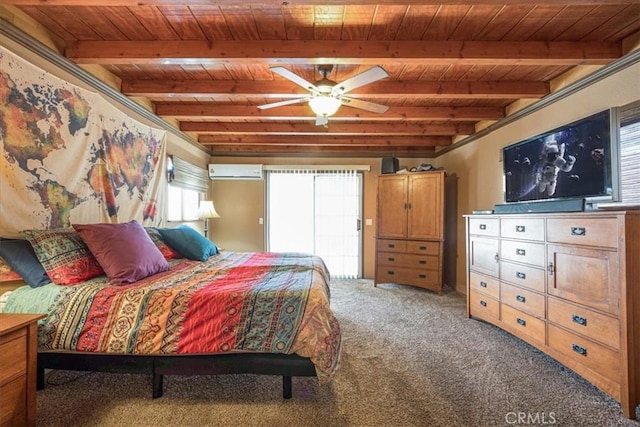 60810 Sunrise Rd, Whitewater, CA 92282 - carpeted bedroom featuring a wood ceiling with exposed beams and an AC wall unit