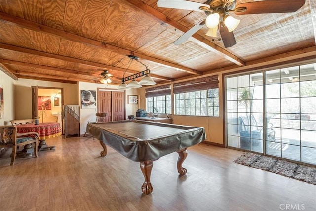 60810 Sunrise Rd, Whitewater, CA 92282 - playroom featuring ceiling fan, wood finished floors, pool table, and a wooden ceiling with exposed beams