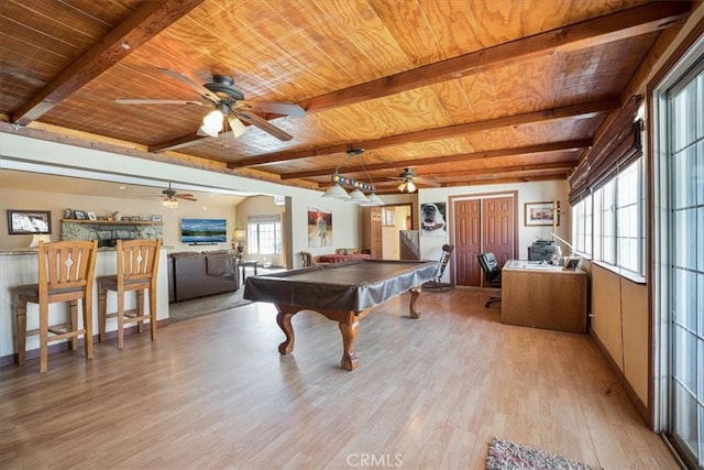 60810 Sunrise Rd, Whitewater, CA 92282 - rec room featuring a wood ceiling with exposed beams, wood finished floors, billiards table, and a ceiling fan