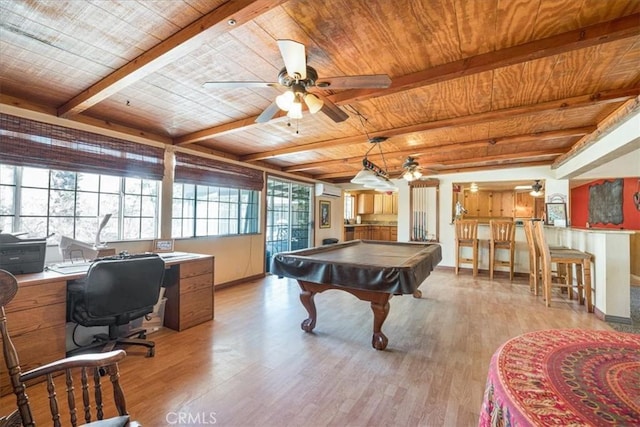 60810 Sunrise Rd, Whitewater, CA 92282 - playroom featuring ceiling fan, a wood ceiling with exposed beams, light wood-style floors, billiards, and a desk