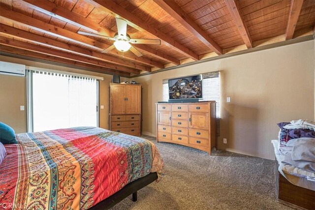 60810 Sunrise Rd, Whitewater, CA 92282 - carpeted bedroom featuring a wooden ceiling with exposed beams, an AC wall unit, multiple windows, and a ceiling fan