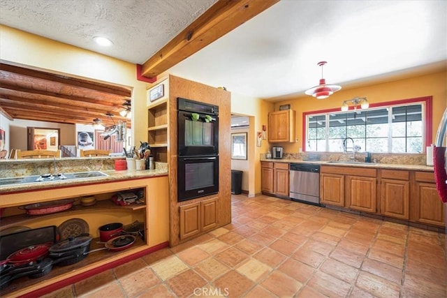60810 Sunrise Rd, Whitewater, CA 92282 - kitchen with black appliances, beamed ceiling, light countertops, decorative light fixtures, and open shelves