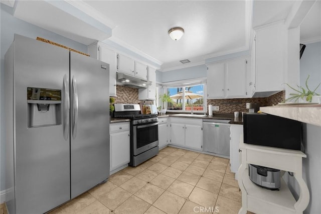 1935 Adobe Ave, Corona, CA 92882 - kitchen with appliances with stainless steel finishes, under cabinet range hood, backsplash, white cabinetry, and ornamental molding