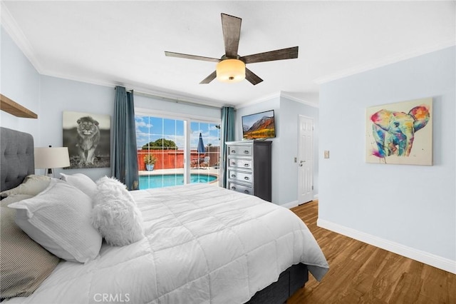 1935 Adobe Ave, Corona, CA 92882 - bedroom with ornamental molding, access to exterior, wood finished floors, and ceiling fan