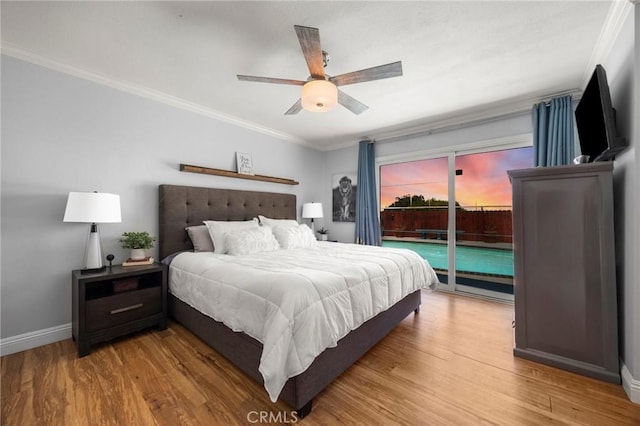 1935 Adobe Ave, Corona, CA 92882 - bedroom with access to exterior, crown molding, wood finished floors, and ceiling fan
